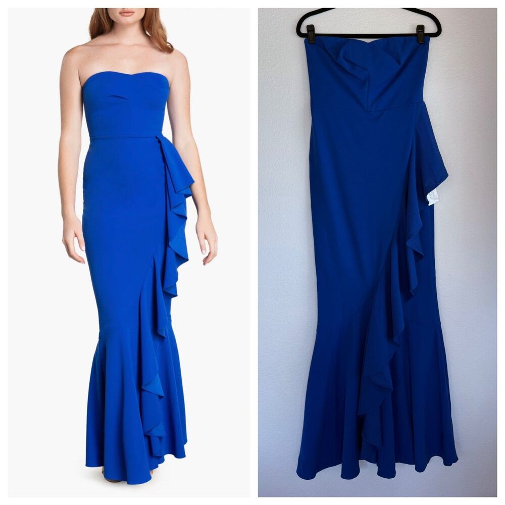 NWT Dress the Population Paris Ruffle Strappy or Strapless Gown in Electric Blue
